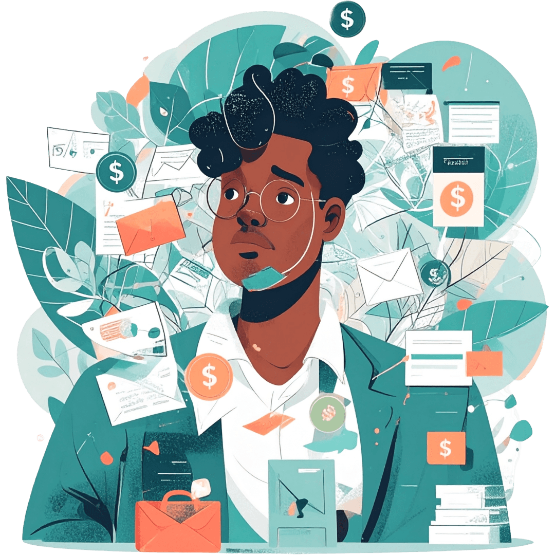 Illustration of person surrounded by financial documents and symbols